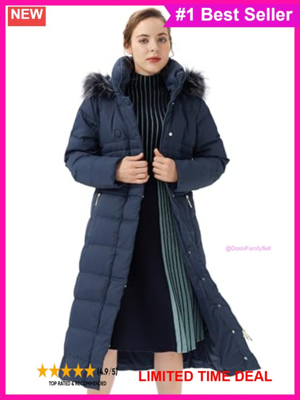 Women Long Down Puffer Coat Warm Hood Faux Fur Trim Winter Jacket